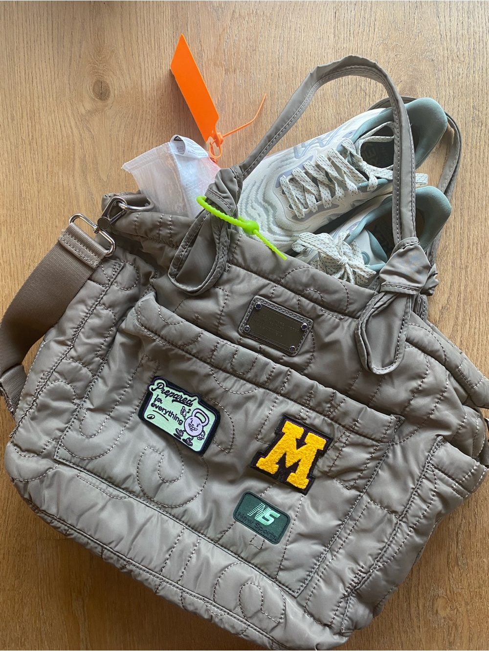 Quilted Taupe Women's Tote with Patch Details